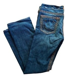 True Religion Johnny Big T Bootcut Medium Wash Jeans Yellow Stitch Y2K Size 31